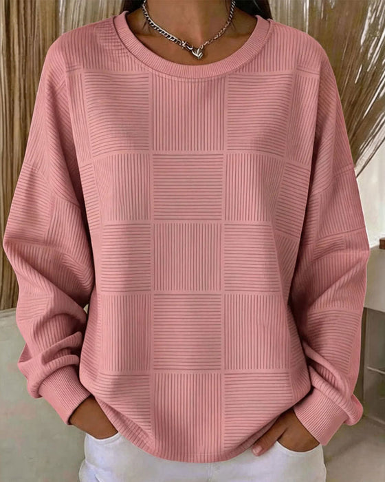 Grid Texture Long Sleeve Solid Pullover Sweatshirt