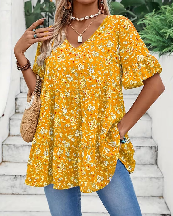 V-Neck Flutter Sleeve Floral Blouse