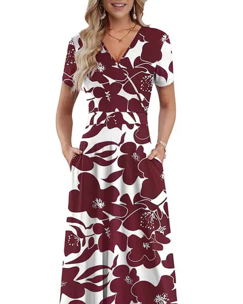 V-Neck Printed Short-Sleeved Dress