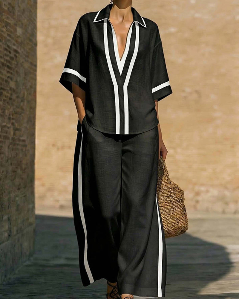 Loose Color Block Shirt Wide-Leg Pants Set