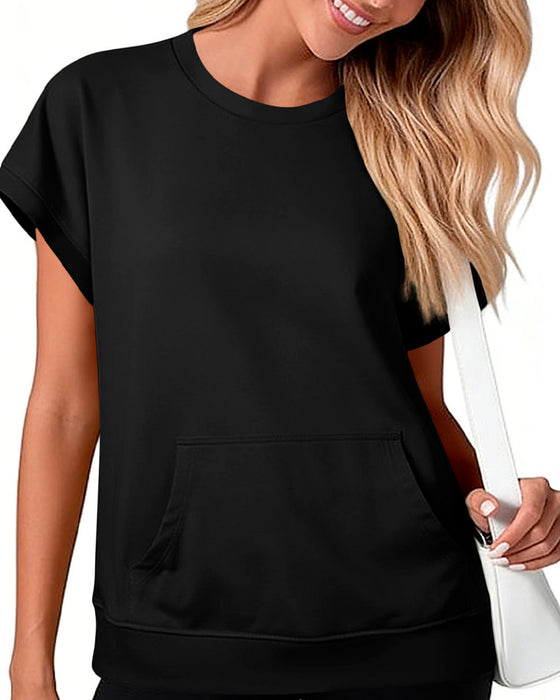 Front Pocket Solid Color Round Neck Blouse