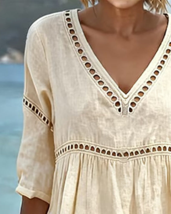 Solid Color Hollow-Out Casual Dress