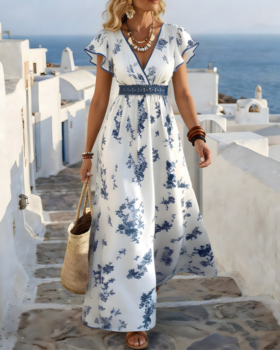 Flutter Sleeve V-Neck Cross Waist Dress