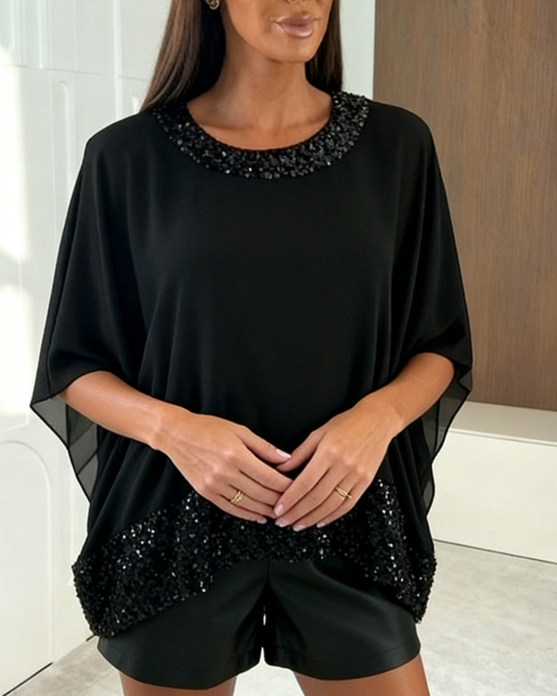 Stylish Batwing Sleeve Shimmering Blouse