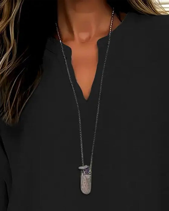 V Neck Irregular Solid Color Long Sleeve Blouse