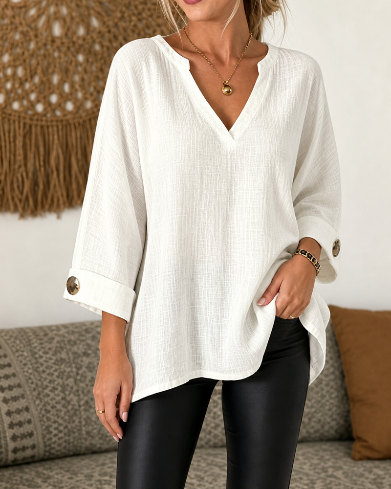 V-Neck Three-Quarter Sleeve Solid Color Blouse