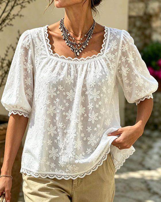 Square Neck Puff Sleeve Jacquard Blouse