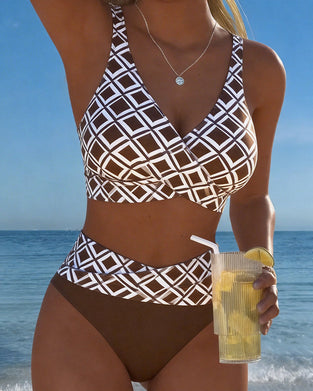 Diamond-Patterned Bra-Style Two-Piece Swimsuit