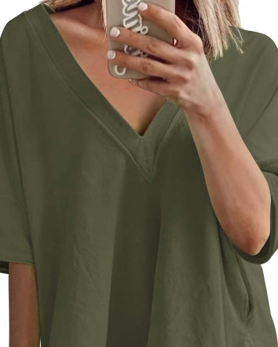 Solid Color V-Neck Sportswear Two-Piece Set