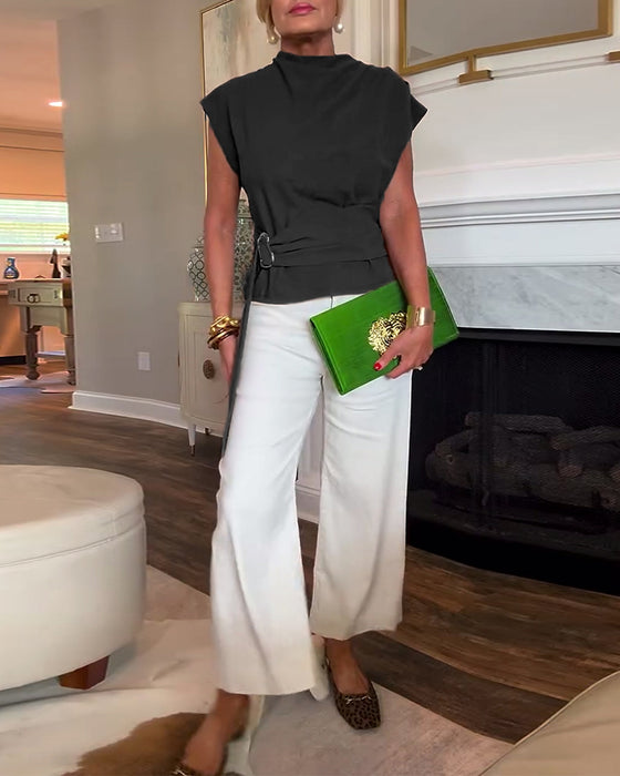 Temperament Waist Solid Color Blouse