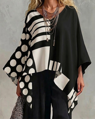 Polka Dot Stripe Patchwork V Neck Blouse