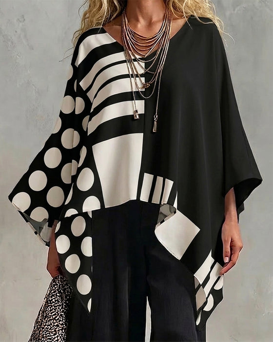 Polka Dot Stripe Patchwork V Neck Blouse