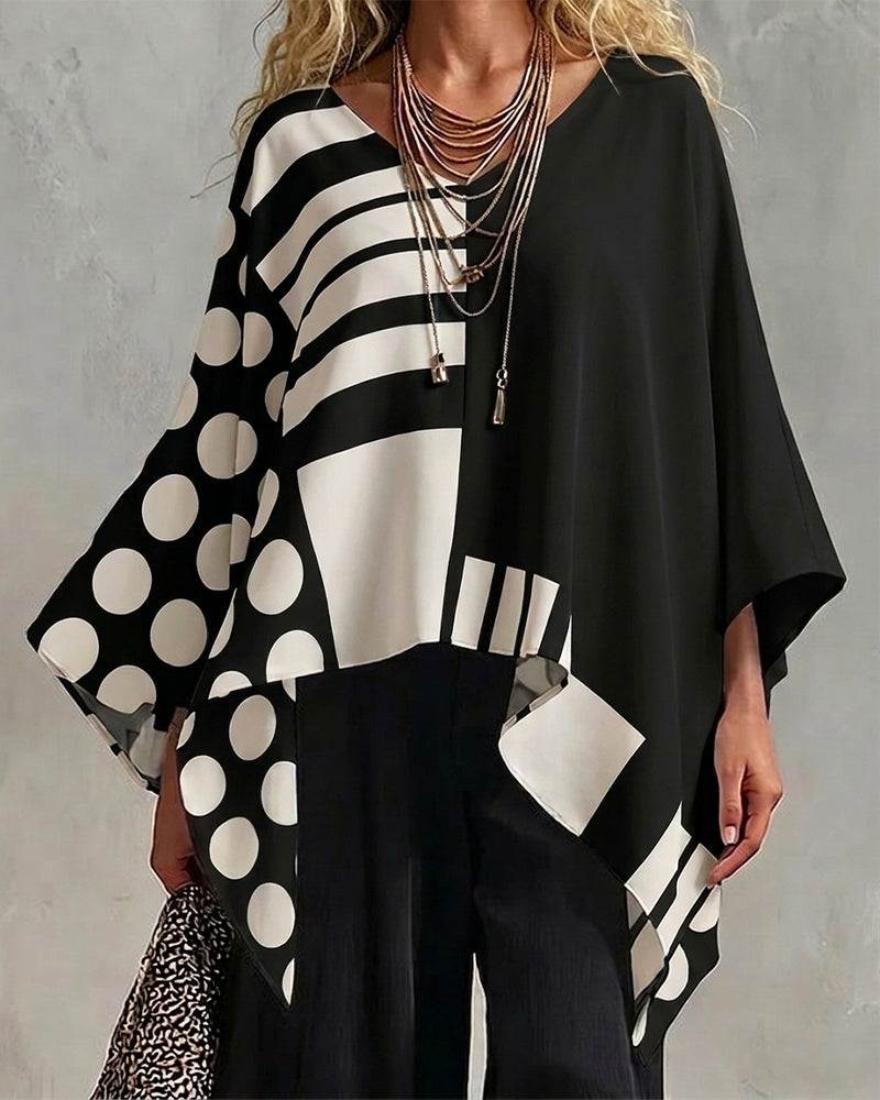 Polka Dot Stripe Patchwork V Neck Blouse