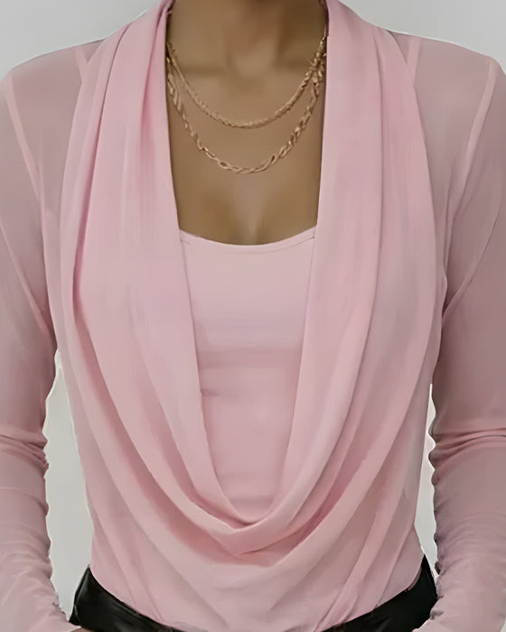 Mesh Layered Cowl Neck Long Sleeve Two-Piece Set