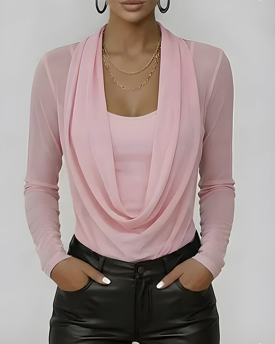 Mesh Layered Cowl Neck Long Sleeve Two-Piece Set