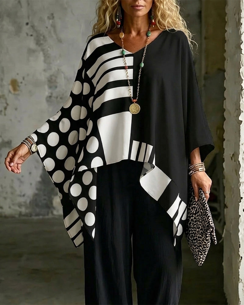 Polka Dot Stripe Patchwork V Neck Blouse