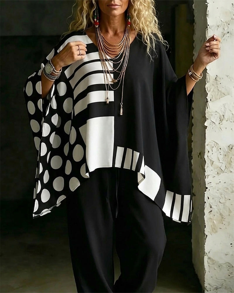 Polka Dot Stripe Patchwork V Neck Blouse