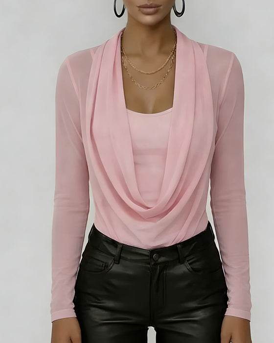 Mesh Layered Cowl Neck Long Sleeve Two-Piece Set
