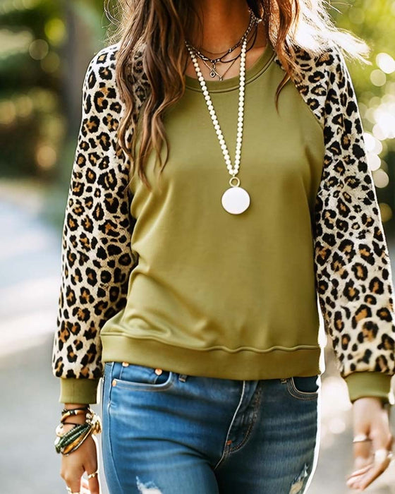Leopard Print Raglan Sleeve Crew Neck Sweatshirt