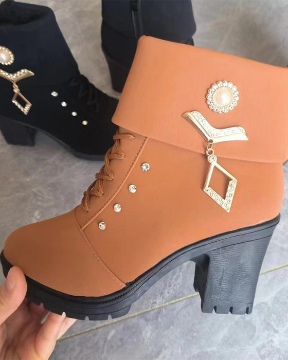 Women's Chunky Heeled Ankle Boots with Rhinestone Decor