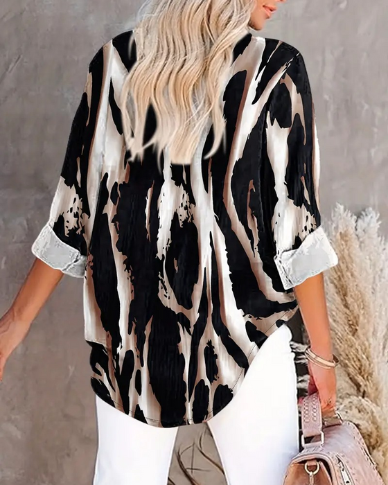 Stand Collar Irregular Printed Blouse