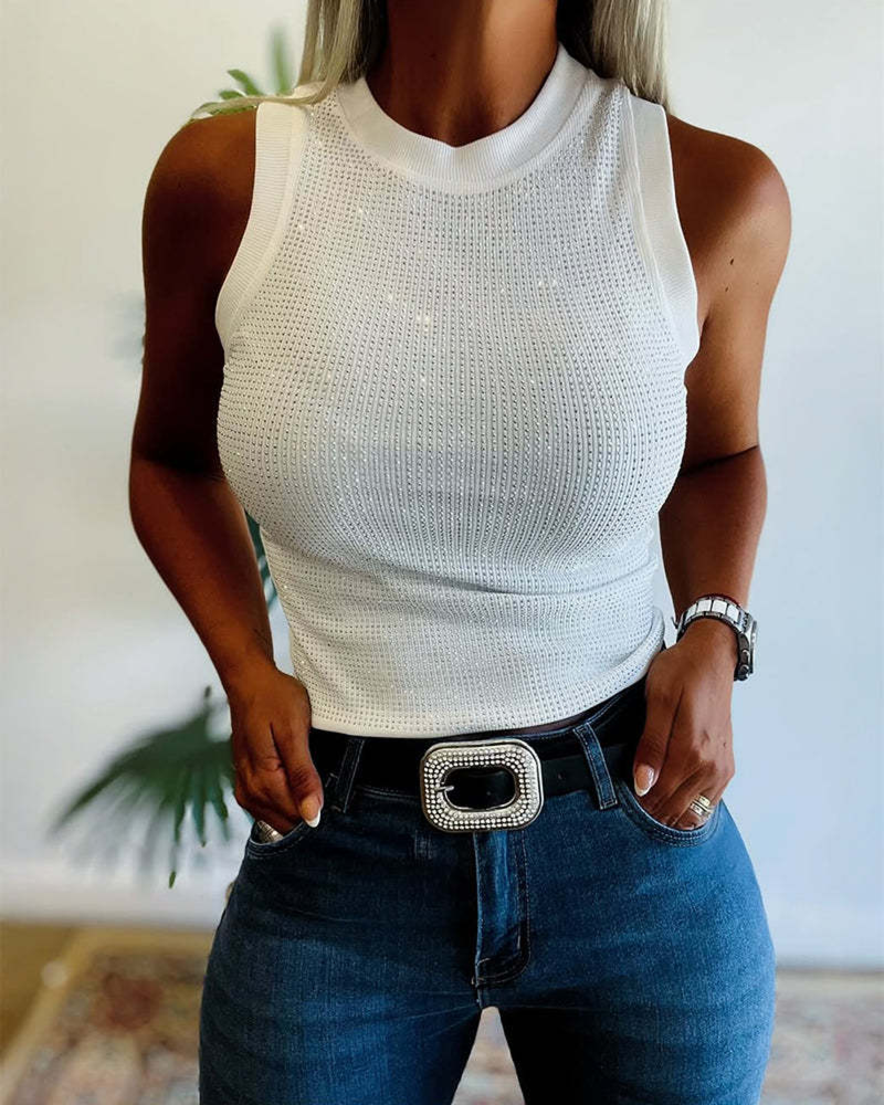 Solid Ribbed Rhinestone Fitted Tank Top