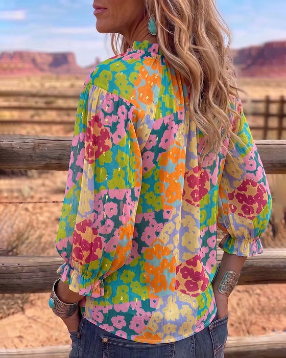 Floral V-Neck Tie-Front Puff Sleeve Blouse