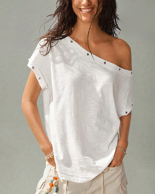 One-Shoulder Rivet Solid T-Shirt