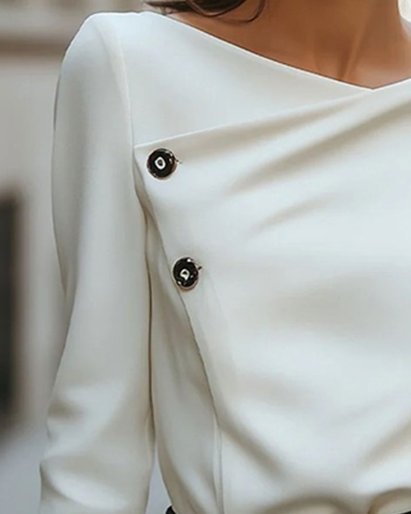 Crewneck Cross Button Long Sleeve Top