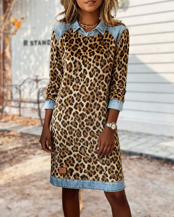 Lapel Leopard Print Shift Dress