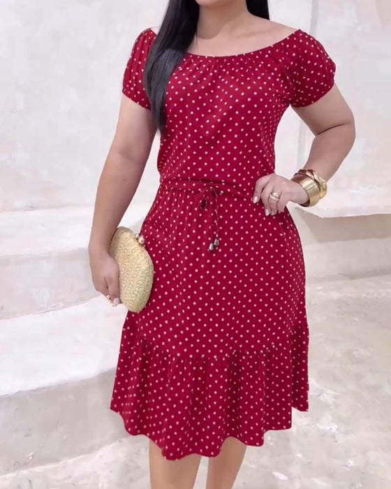 Polka Dot Short-Sleeved Fitted A-Line Dress