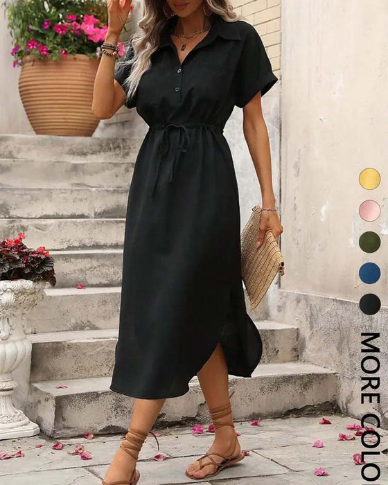 Lapel Waist-Cinching Shirt Dress