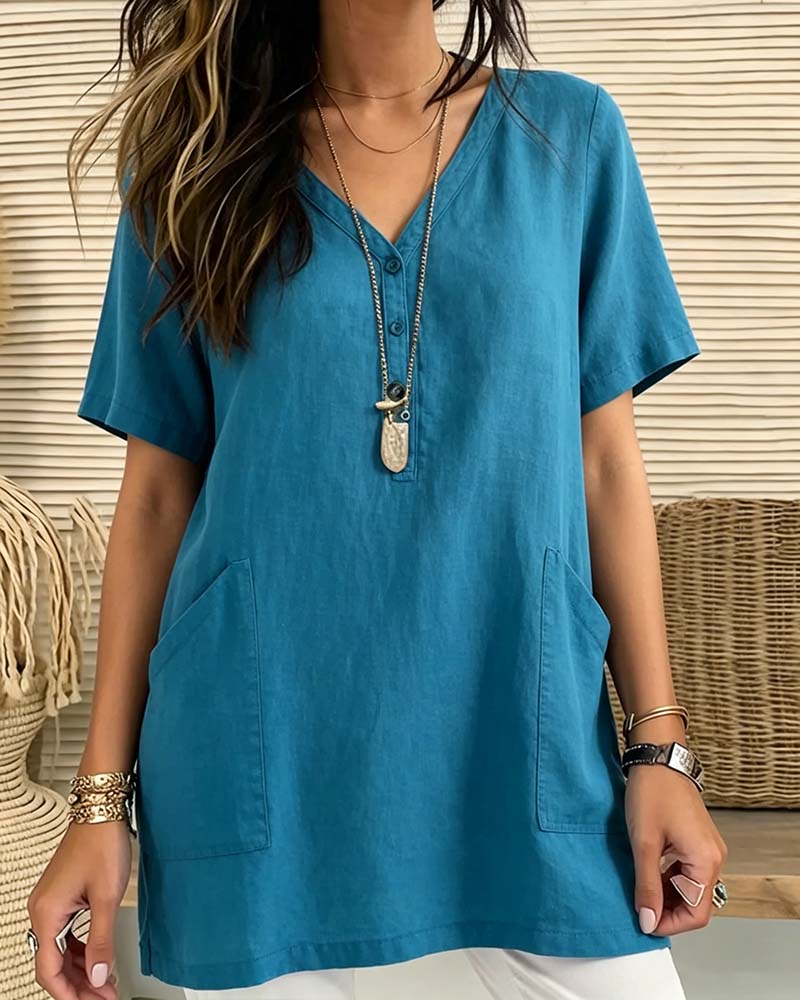 V-Neck Short-Sleeve Half-Placket Pocket Blouses