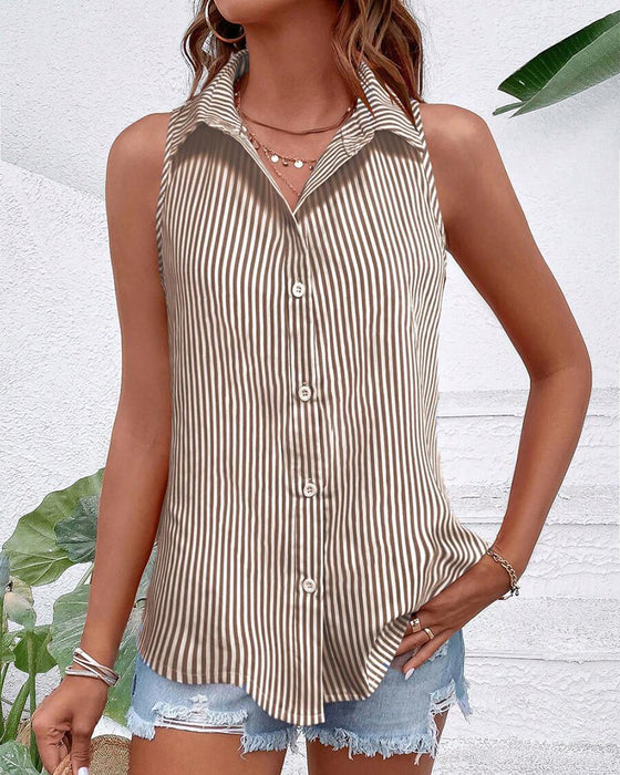 Sleeveless Lapel Striped Tank Top