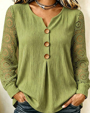 V-Neck Button-Down Long-Sleeved Blouse