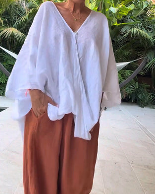 V-Neck Asymmetric Solid Relaxed Blouse