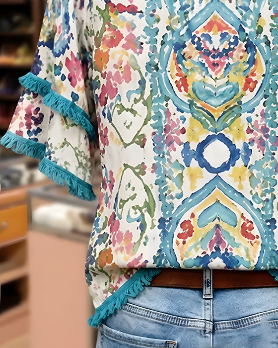V-Neck Fringe Ruffle Ethnic Shirt