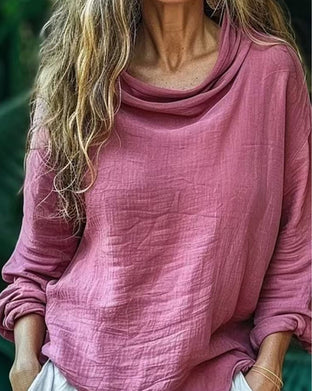 Draped Neck Casual Solid Long Sleeve Blouse