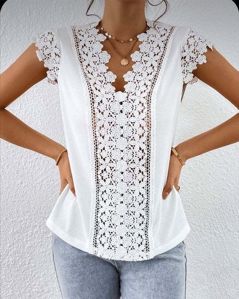 Lace V-Neck Spliced Hollow Out Blouse
