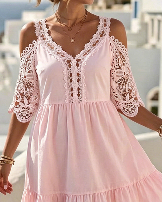 Lace Off-Shoulder Tiered Short Dresses