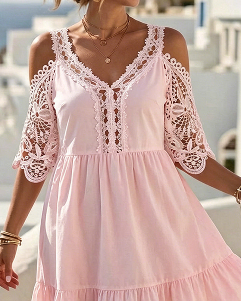 Lace Off-Shoulder Tiered Short Dresses