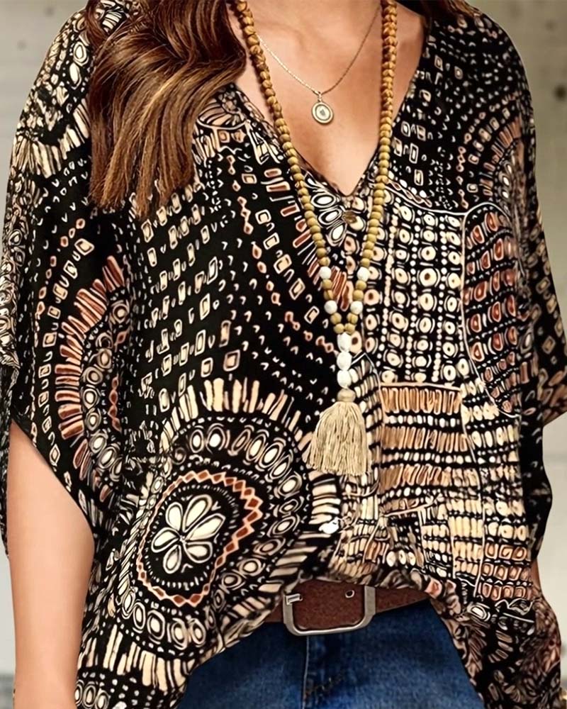 V-Neck Printed Batwing Blouse