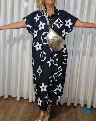 Contrast print lapel button casual dress