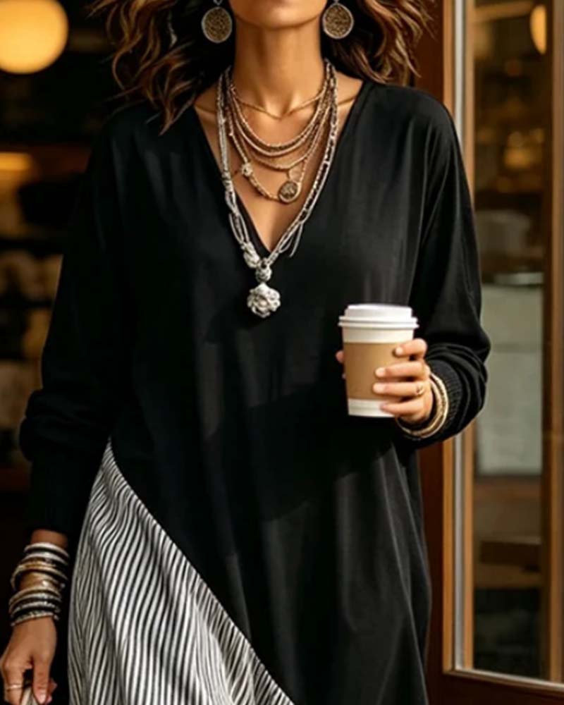 V-Neck Stripe Patchwork Ruffle Dress