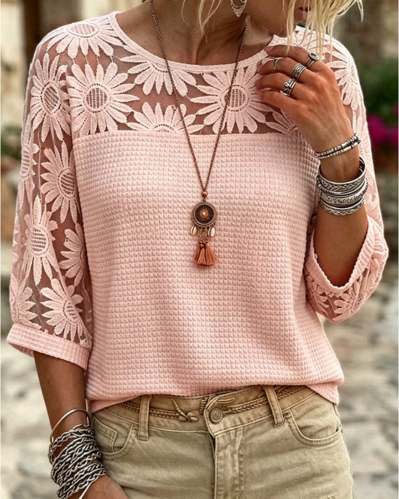 Round Neck Lace Waffle Patchwork T-Shirt