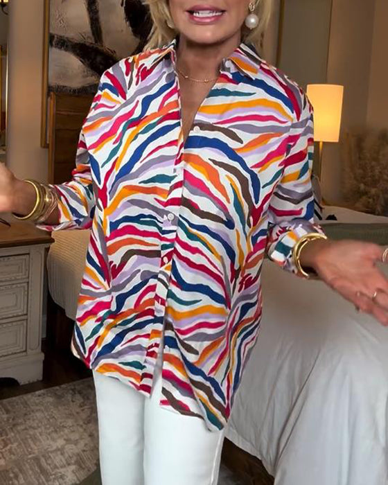 Lapel Long-Sleeved Colorful Floral Shirt