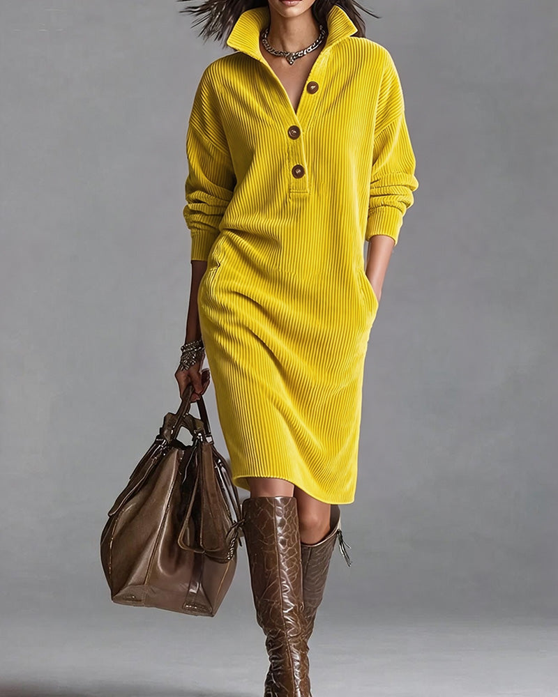 Collared Button Pocket Striped Dress