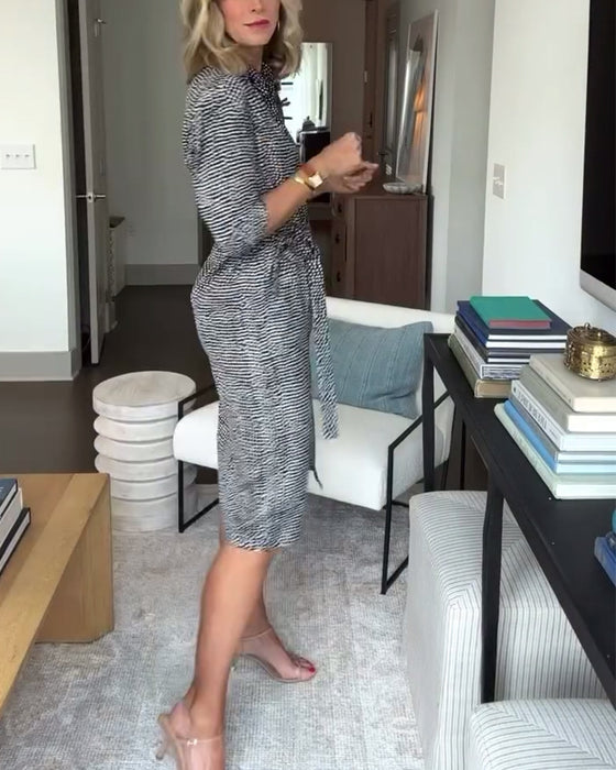 Print lapel button dress