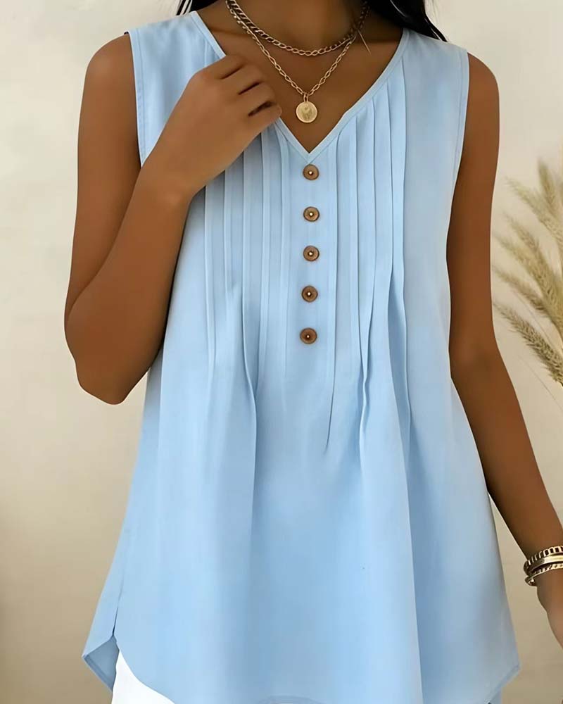 V-Neck Sleeveless Ruffle Button Tank Top