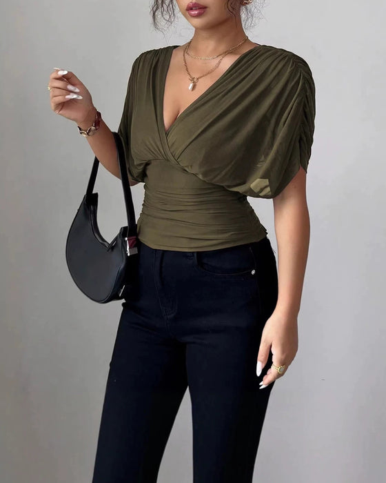 Solid Color Deep V-Nee Waist Short Sleeve Blouse